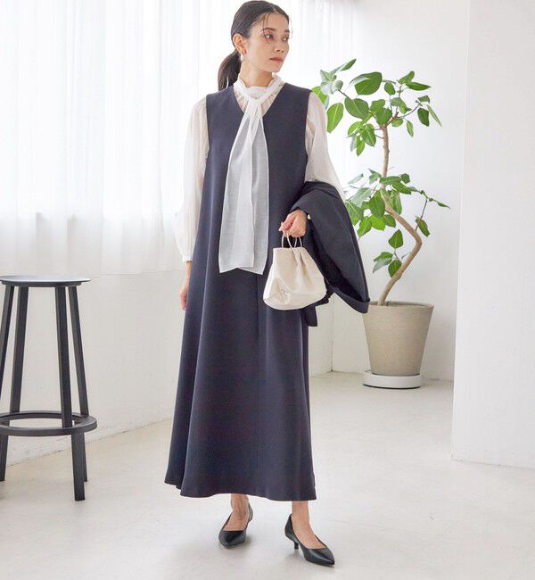 SHIPS for women「little black: リュクス エア ノースリーブ フレア ロング ワンピース（セレモニー対応可）」|ワンピース|