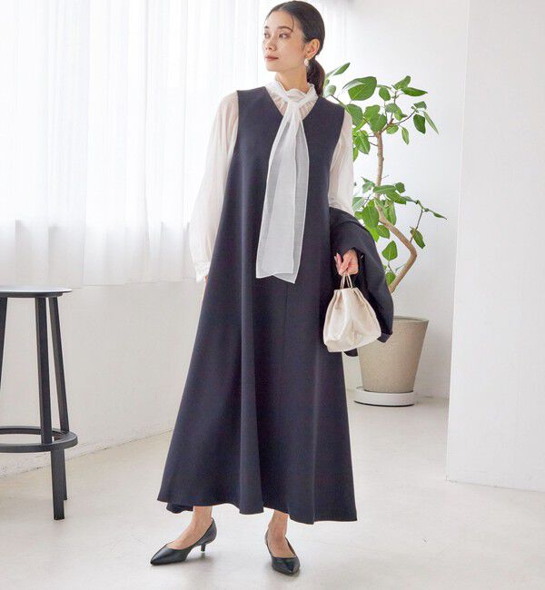 SHIPS for women「little black: リュクス エア ノースリーブ フレア ロング ワンピース（セレモニー対応可）」|ワンピース|