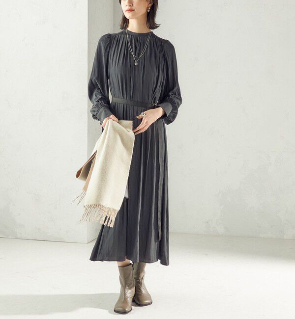 SHIPS for women「〈手洗い可能〉カッセン ギャザー ベルト付き 長袖 ワンピース」|ワンピース|ダークグレー
