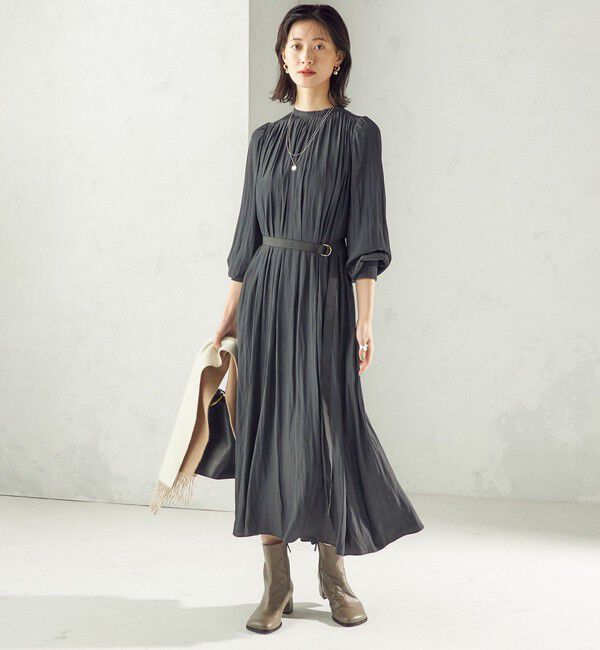 SHIPS for women「〈手洗い可能〉カッセン ギャザー ベルト付き 長袖 ワンピース」|ワンピース|