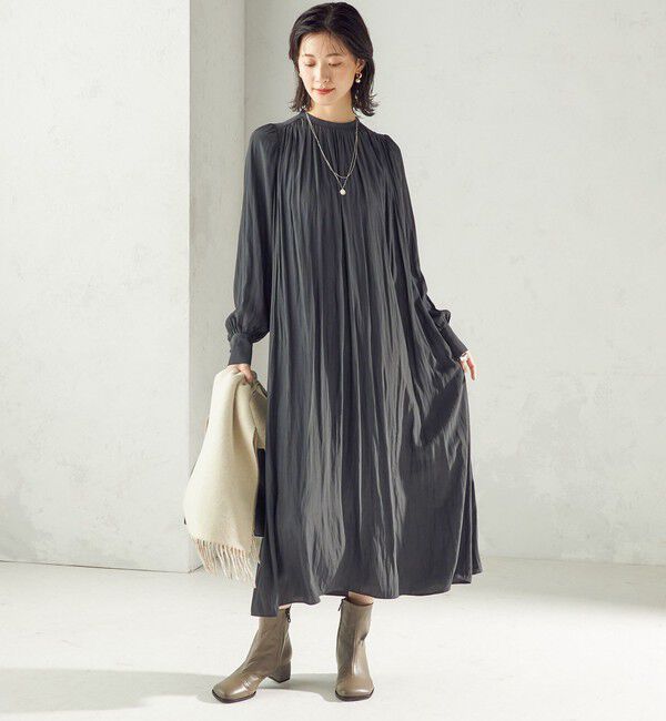 SHIPS for women「〈手洗い可能〉カッセン ギャザー ベルト付き 長袖 ワンピース」|ワンピース|