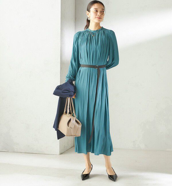 SHIPS for women「〈手洗い可能〉カッセン ギャザー ベルト付き 長袖 ワンピース」|ワンピース|