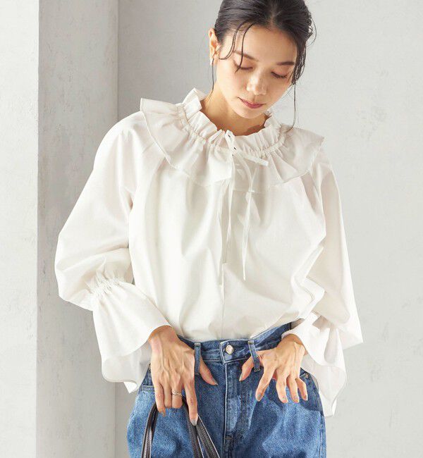 SHIPS for women「《予約》〈撥水加工 / UVカット〉タフタ フリルカラー キャンディースリーブ ブラウス（セレモニー対応可）」|シャツ・ブラウス|オフホワイト