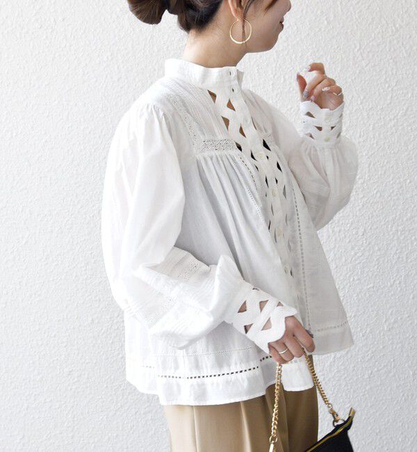 SHIPS any「SHIPS any:〈洗濯機可能〉キャンブリック スタンドカラー レース シャツ ブラウス」|シャツ・ブラウス|