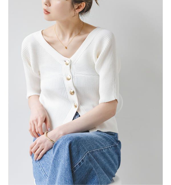 NOBLE「《予約》ゴールドボタンVネックリブニット」|カーディガン|