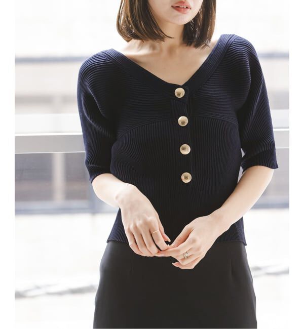 NOBLE「《予約》ゴールドボタンVネックリブニット」|カーディガン|