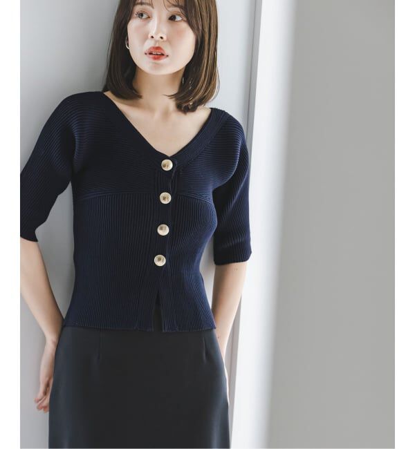 NOBLE「《予約》ゴールドボタンVネックリブニット」|カーディガン|