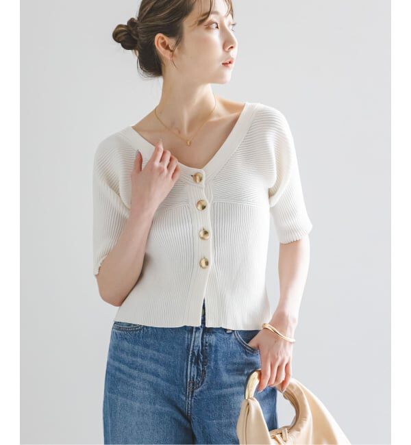 NOBLE「《予約》ゴールドボタンVネックリブニット」|カーディガン|
