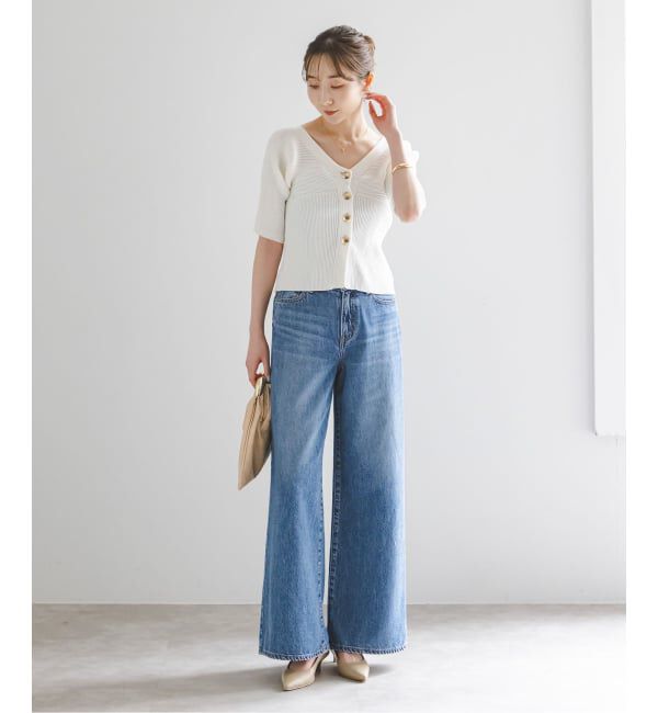 NOBLE「《予約》ゴールドボタンVネックリブニット」|カーディガン|