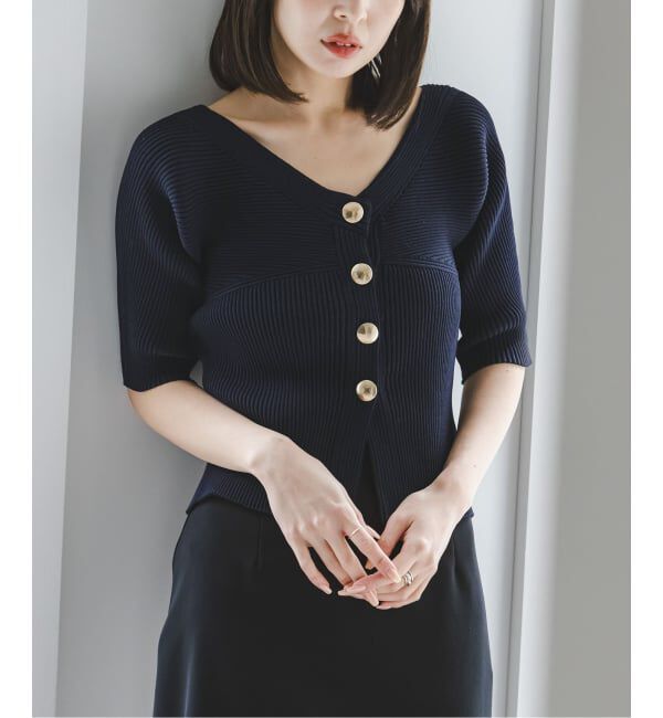 NOBLE「《予約》ゴールドボタンVネックリブニット」|カーディガン|ネイビー