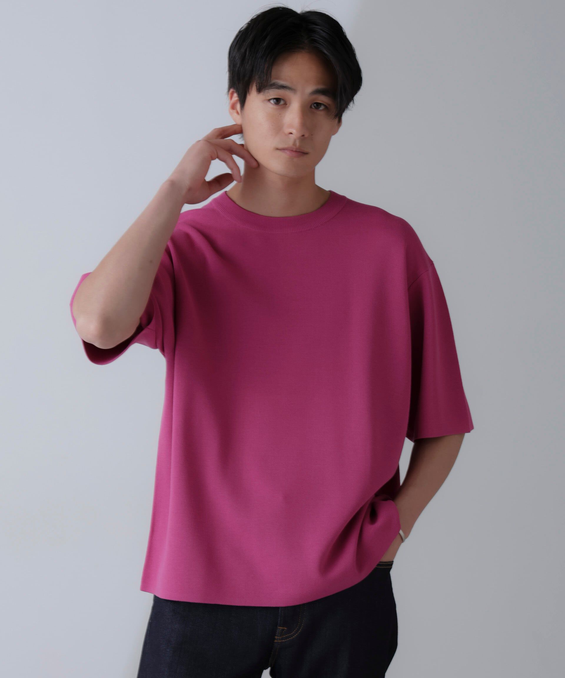 nano･universe「14ゲージミラノリブニット クルーネック 半袖(手洗い可能)」|ニット・セーター|