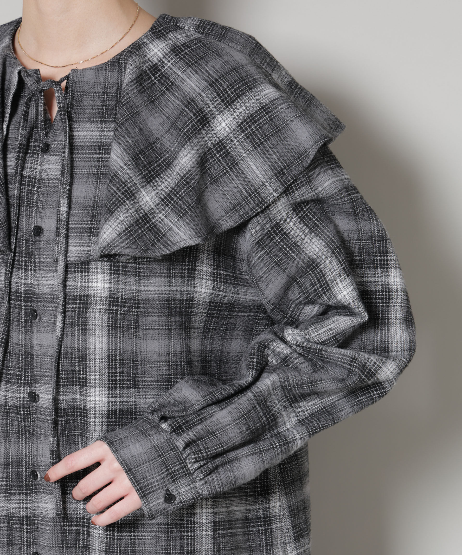 nano･universe「フリルカラーオンブレーチェックブラウス(セットアップ可)」|シャツ・ブラウス|