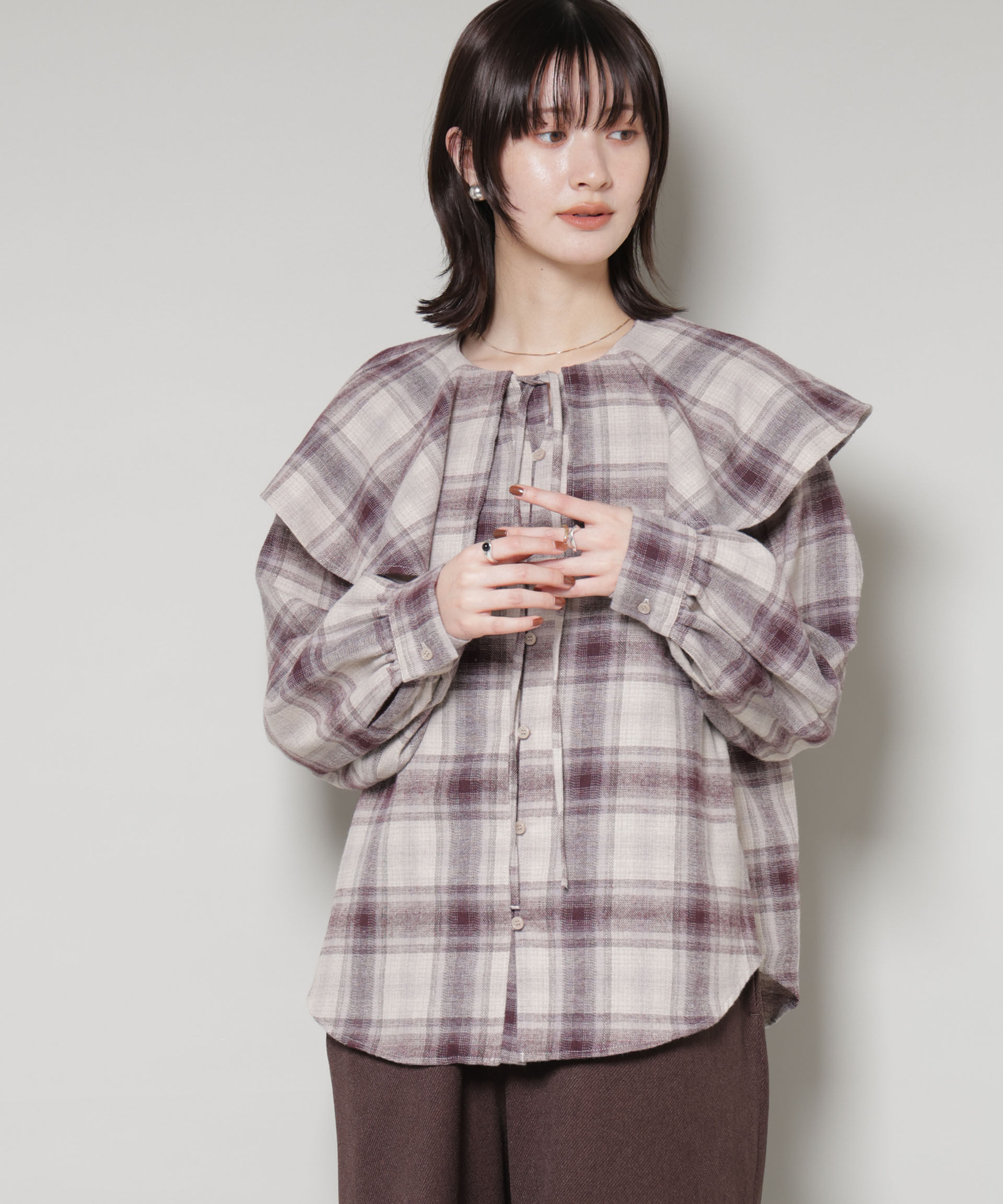 nano･universe「フリルカラーオンブレーチェックブラウス(セットアップ可)」|シャツ・ブラウス|