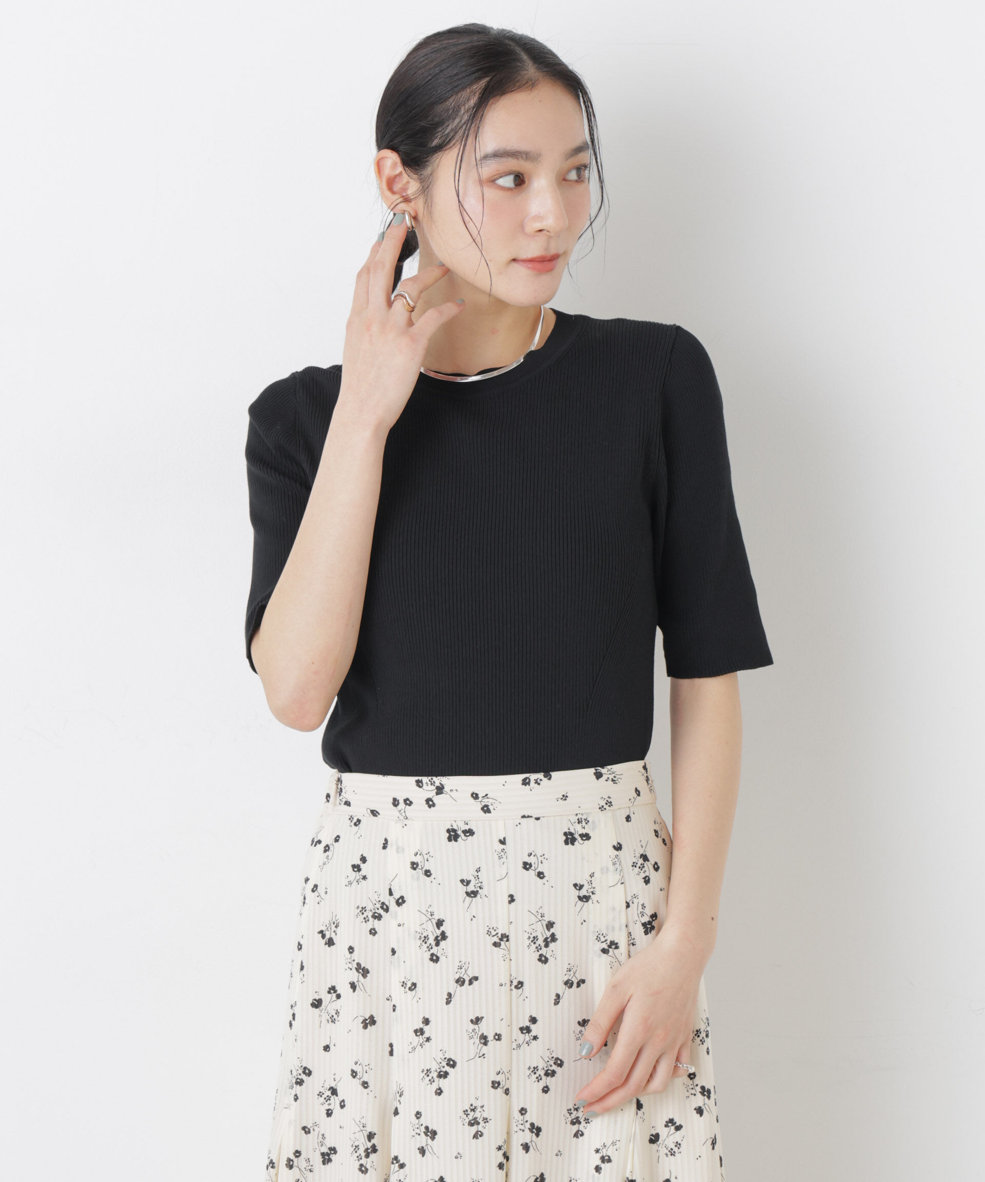 nano･universe「ウォッシャブルハイツイスト五分袖リブニット」|ニット・セーター|