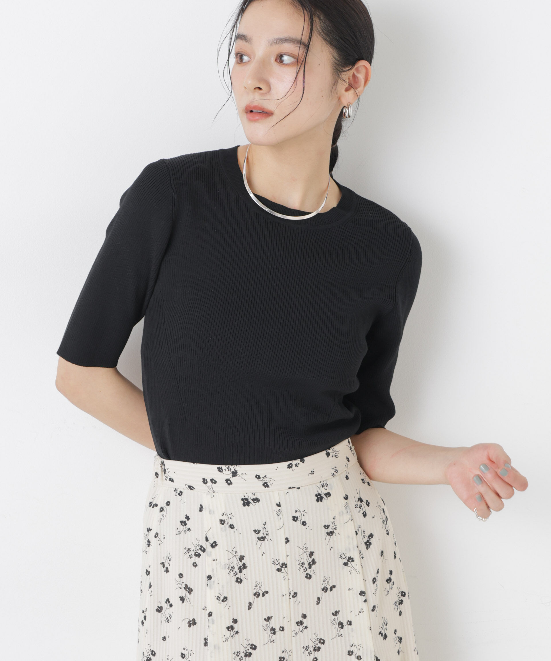 nano･universe「ウォッシャブルハイツイスト五分袖リブニット」|ニット・セーター|