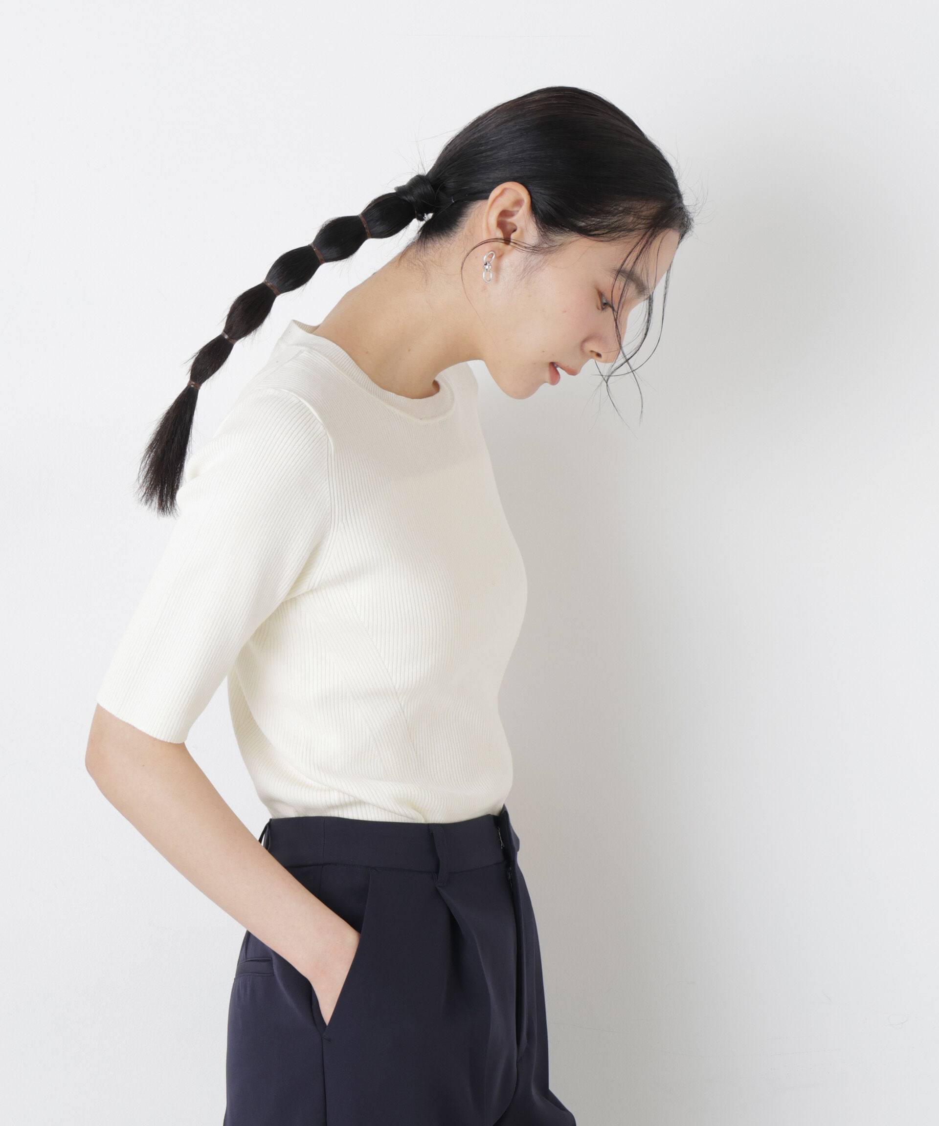 nano･universe「ウォッシャブルハイツイスト五分袖リブニット」|ニット・セーター|