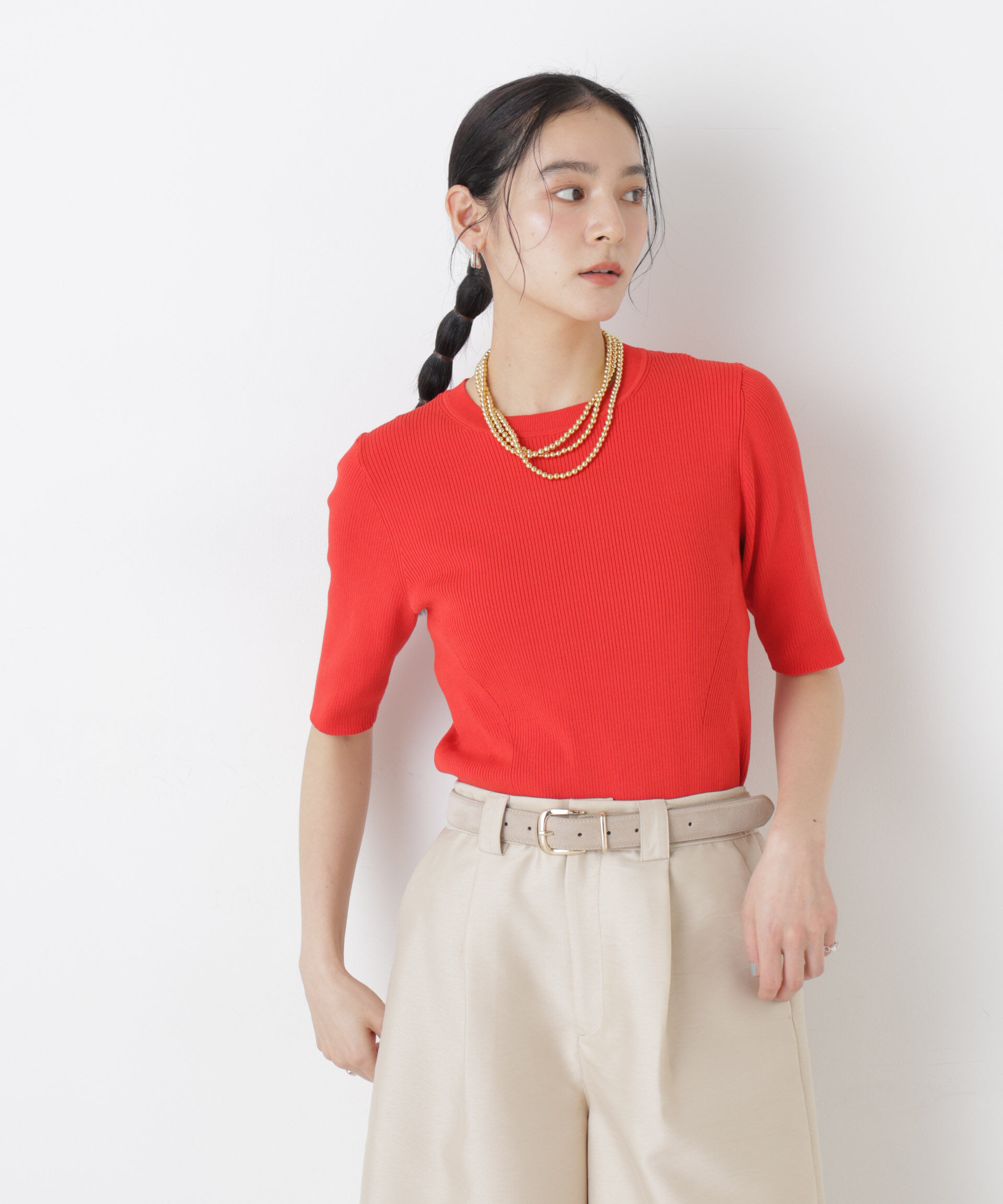 nano･universe「ウォッシャブルハイツイスト五分袖リブニット」|ニット・セーター|