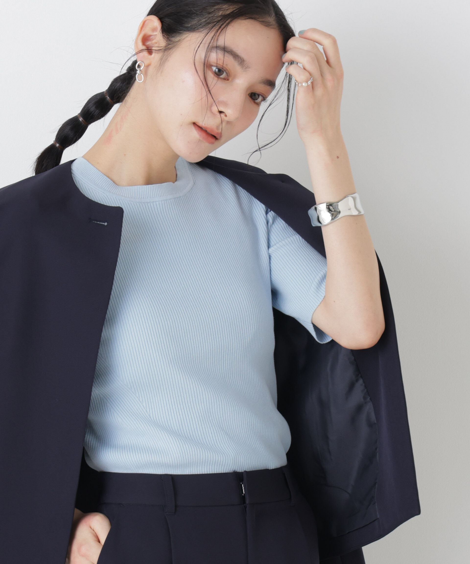 nano･universe「ウォッシャブルハイツイスト五分袖リブニット」|ニット・セーター|