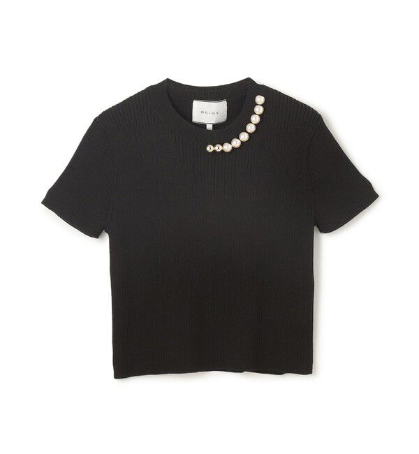 BEIGE,「【洗える・美人百花 4月号掲載】VINCA / パール付き半袖コットンリブニット」|ニット・セーター|