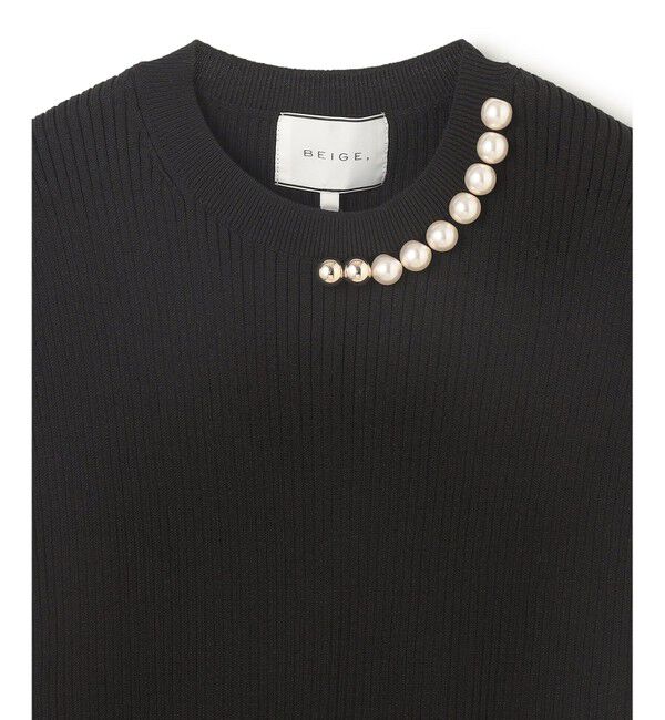 BEIGE,「【洗える・美人百花 4月号掲載】VINCA / パール付き半袖コットンリブニット」|ニット・セーター|