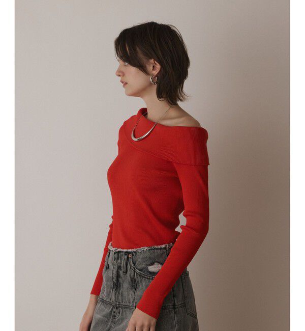  「オフショルリブニットトップ」|ニット・セーター|レッド