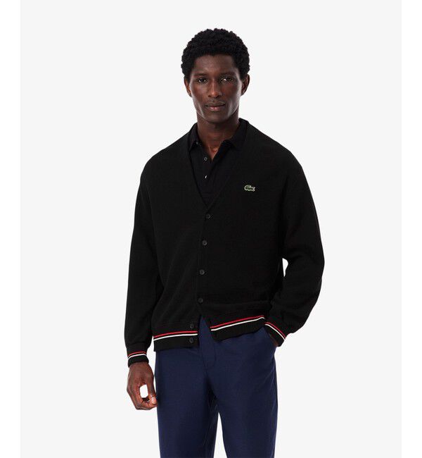 LACOSTE「リブニットステッチコットンニットカーディガン」|カーディガン|ブラック