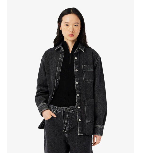 LACOSTE「ウィメンズワーク デニムシャツジャケット / カバーオール」|デニムジャケット|ブラック