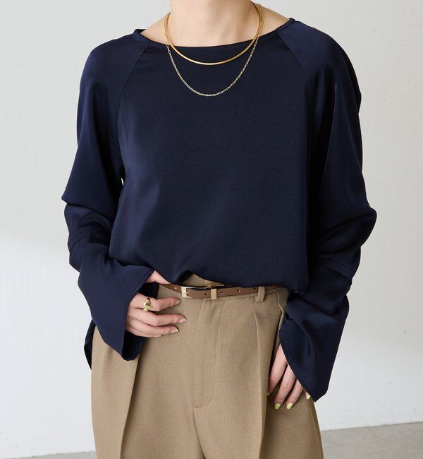  「袖フレアサテンブラウス」|シャツ・ブラウス|ネイビー