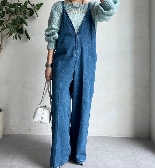  「細紐デニムフロントジップサロペット」|ワンピース|