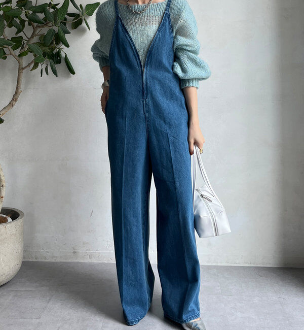  「細紐デニムフロントジップサロペット」|ワンピース|