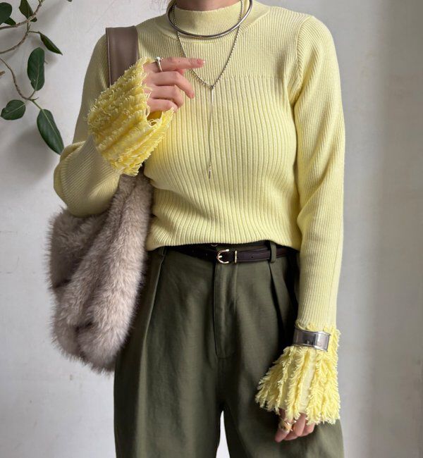  「【WEB限定】フリンジカフスリブニット」|ニット・セーター|イエロー