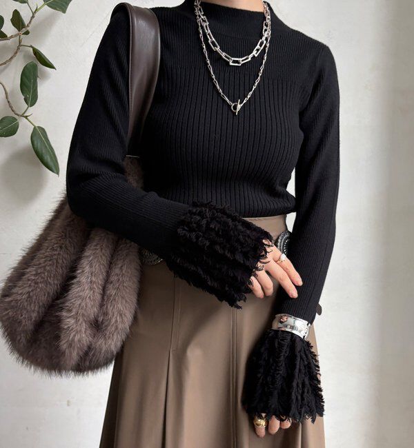  「【WEB限定】フリンジカフスリブニット」|ニット・セーター|ブラック