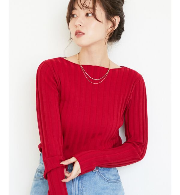  「《手洗い可能》ボートネックリブニット」|ニット・セーター|レッド