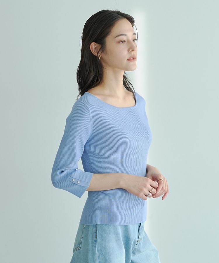 YECCA VECCA「袖釦7分袖リブニット」|ニット・セーター|Blue