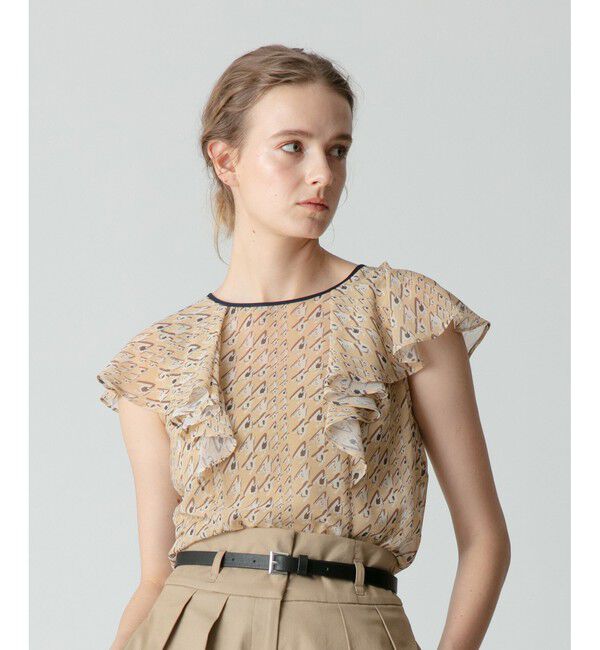 allureville「バイヤスチドリプリントフレアスリーブブラウス」|その他|ベージュ