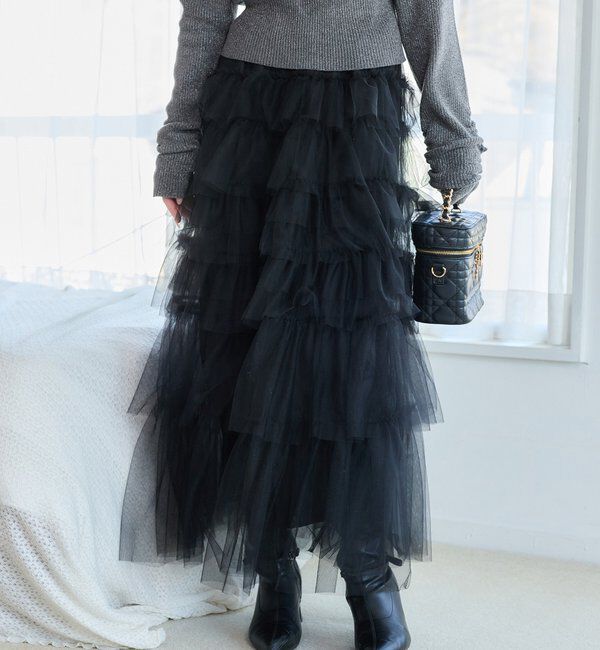  「チュールロングスカート」|スカート|ブラック
