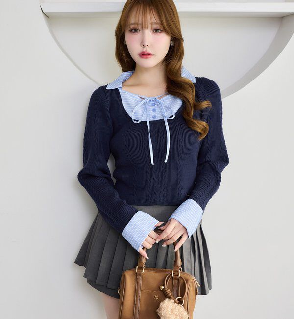  「シャツドッキングレイヤード風ニット」|ニット・セーター|