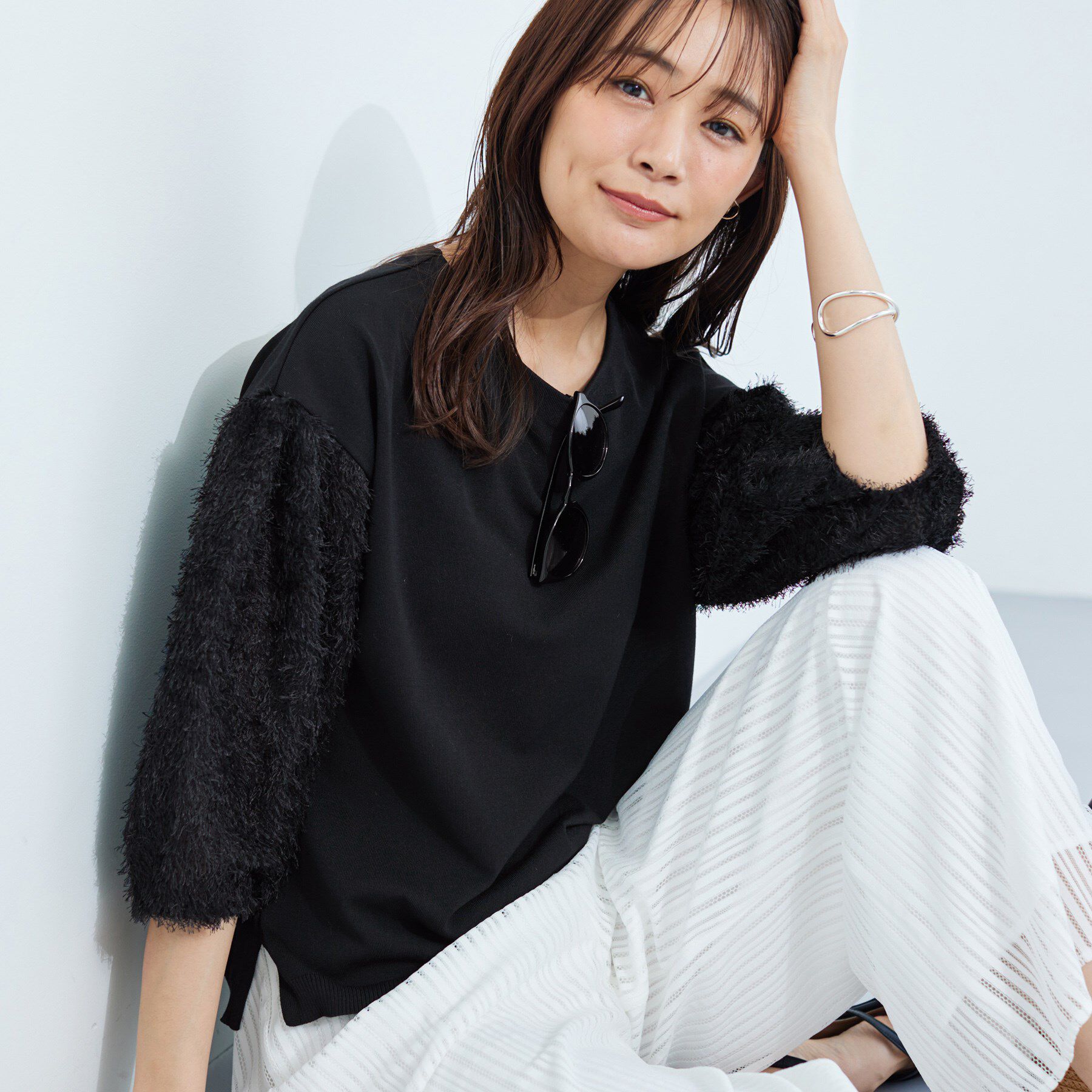 INDIVI「【洗える】フリンジジャカードニット」|ニット・セーター|ブラック(019)