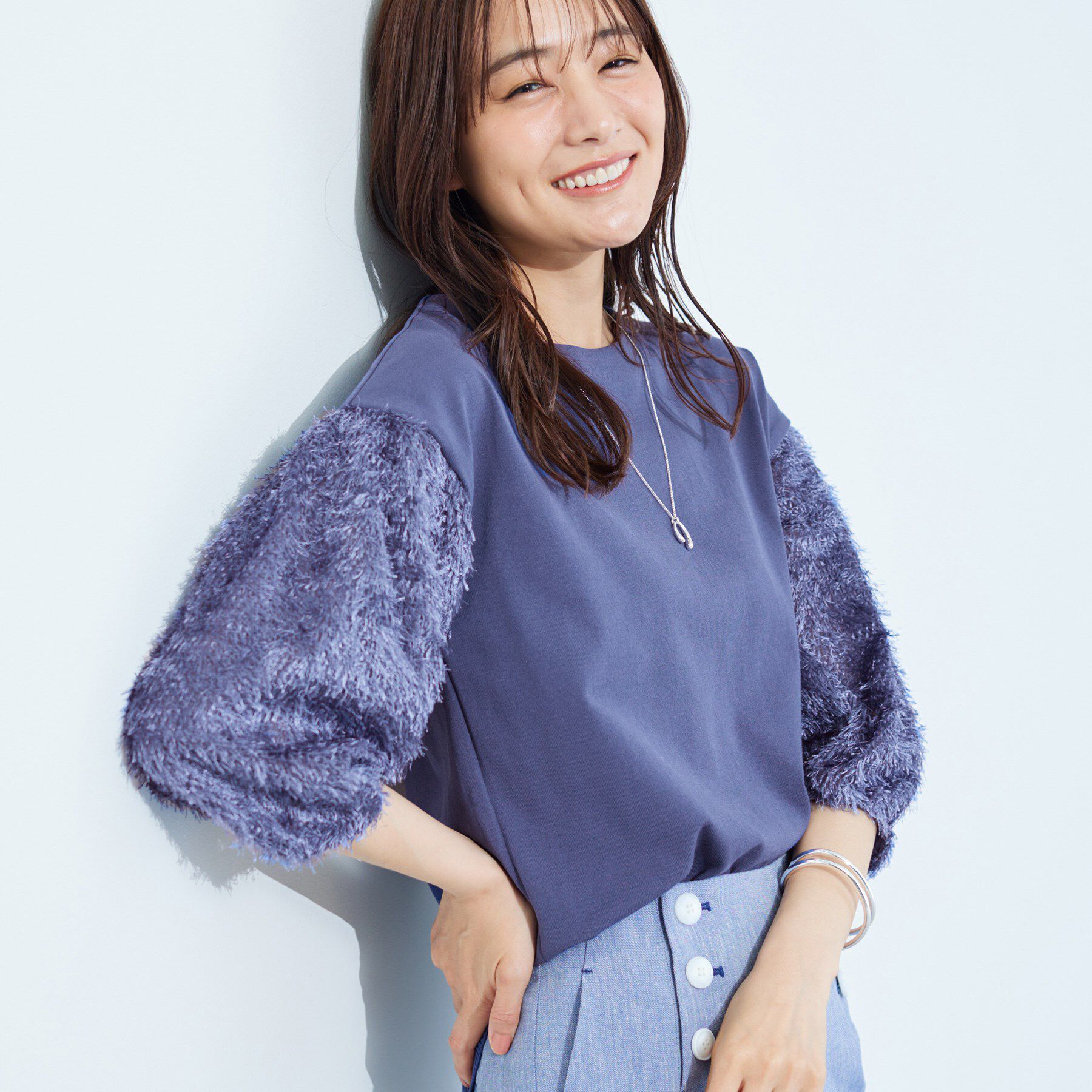 INDIVI「【洗える】フリンジジャカードニット」|ニット・セーター|ブルー(093)