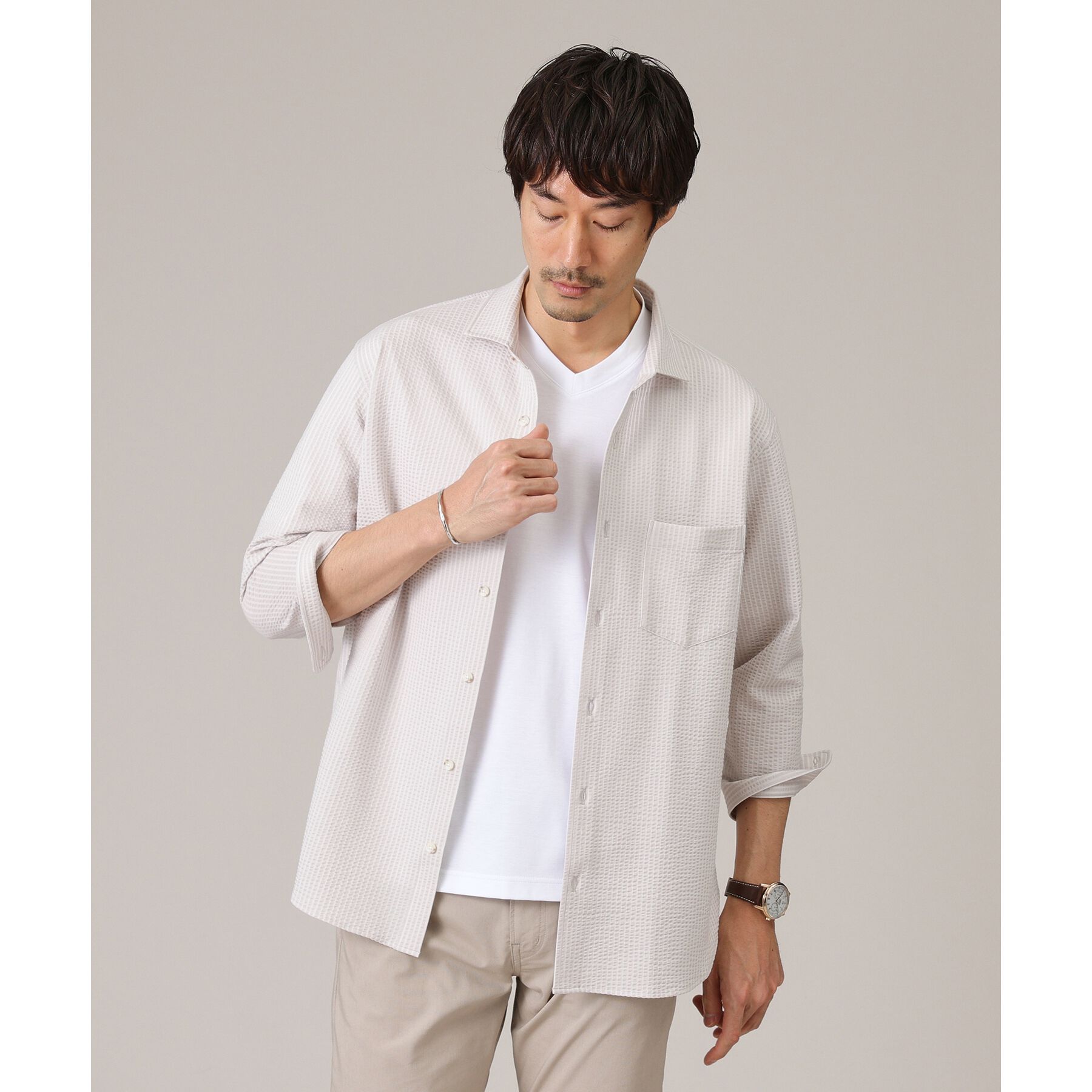 TAKEO KIKUCHI「【抗菌防臭／7分袖】サッカージャージ ストライプシャツ」|シャツ・ブラウス|