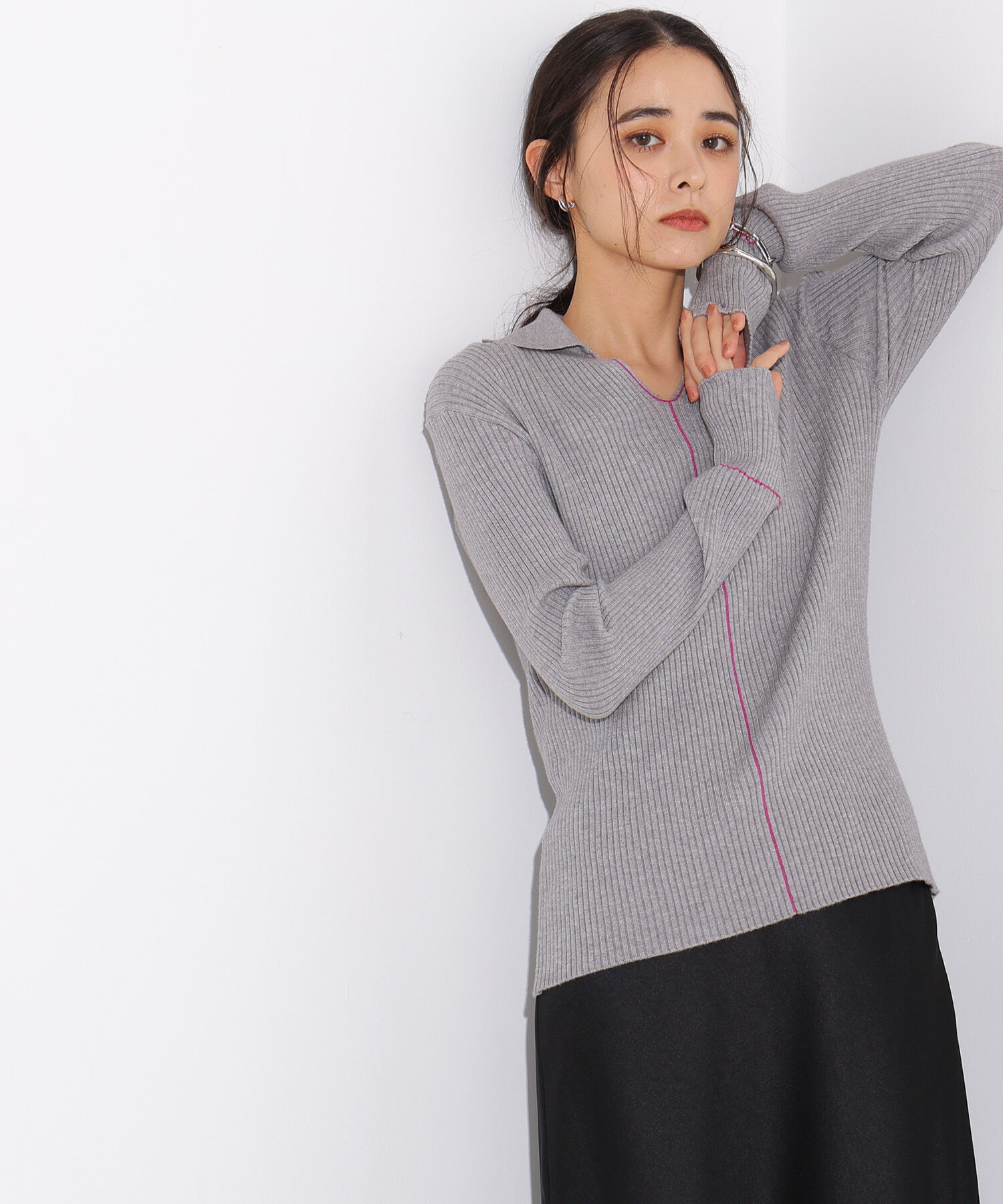  「ラインスキッパーリブニット」|ニット・セーター|チャコール2