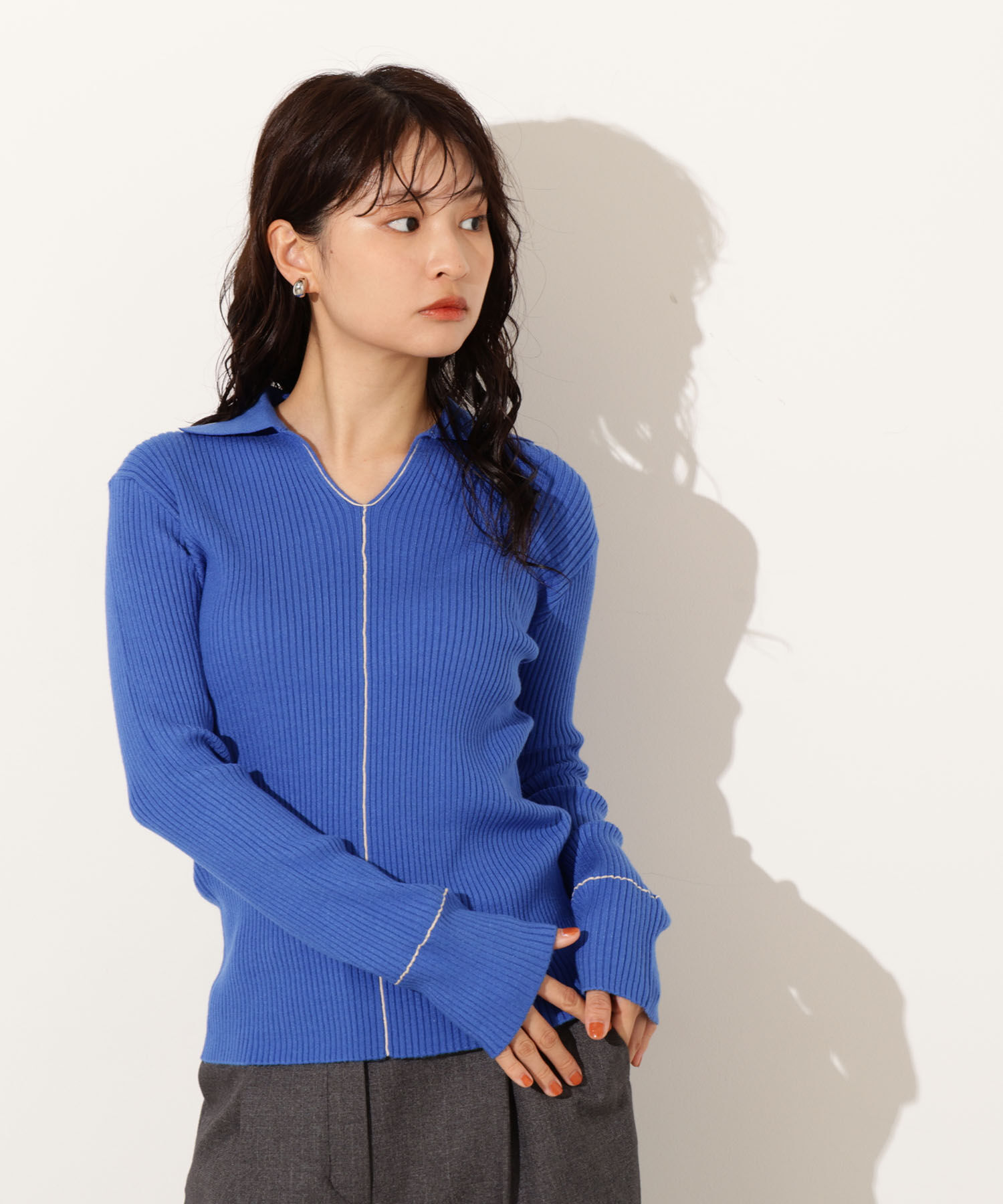  「ラインスキッパーリブニット」|ニット・セーター|ブルー2