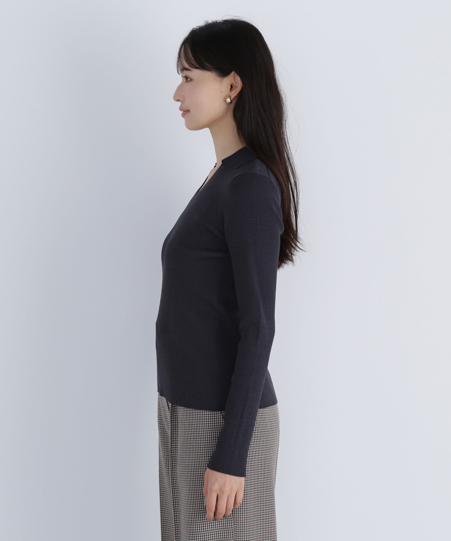  「ポロカラーVネックリブニット」|ニット・セーター|