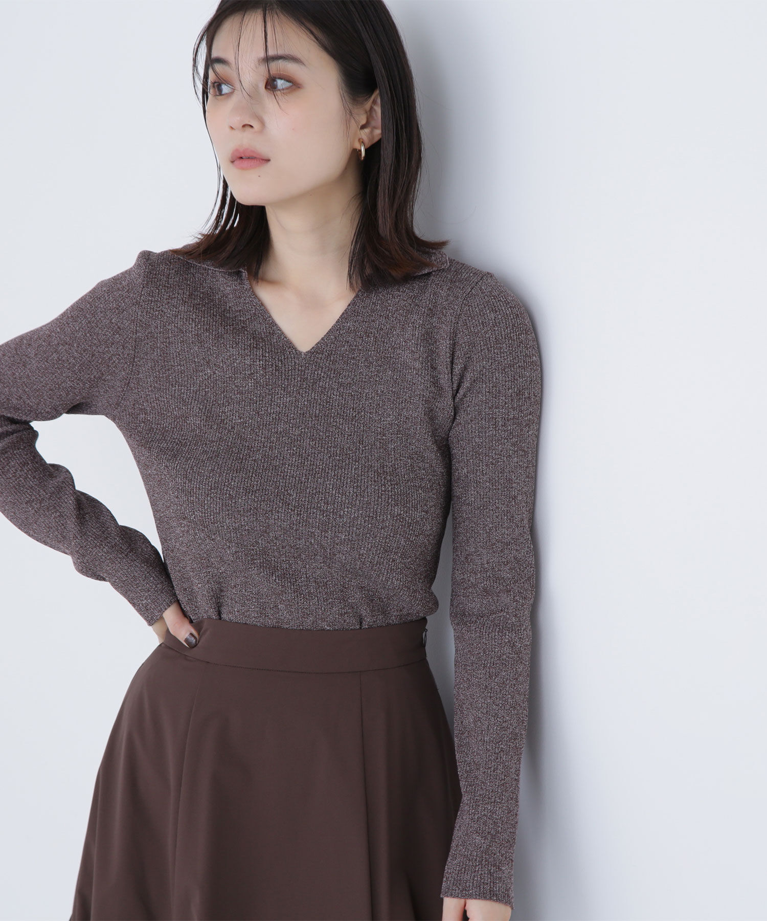  「ポロカラーVネックリブニット」|ニット・セーター|