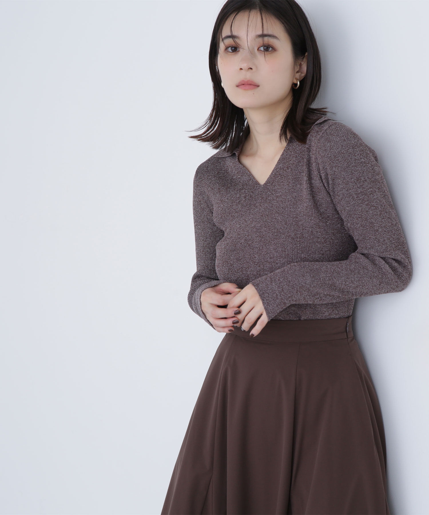  「ポロカラーVネックリブニット」|ニット・セーター|