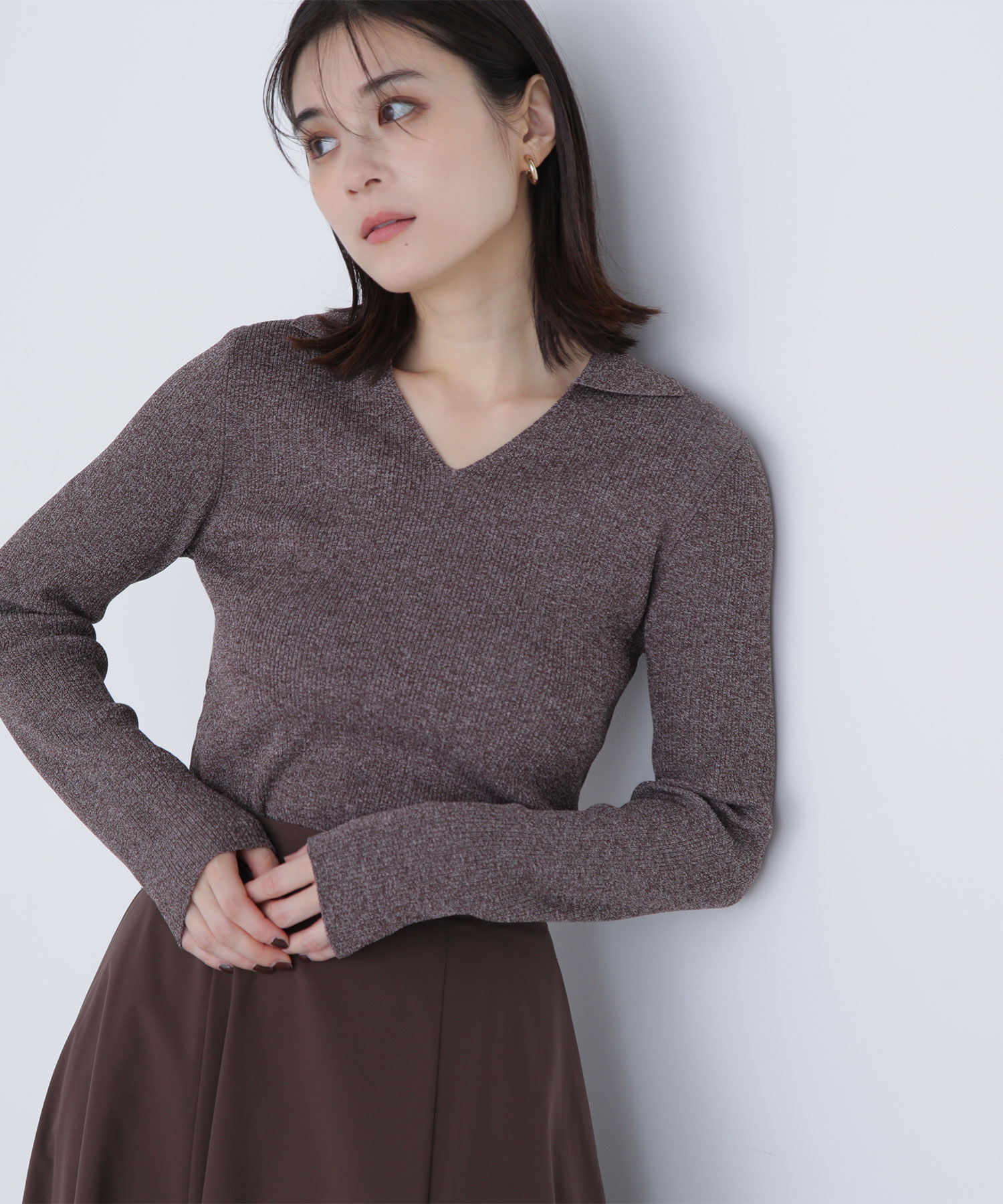  「ポロカラーVネックリブニット」|ニット・セーター|