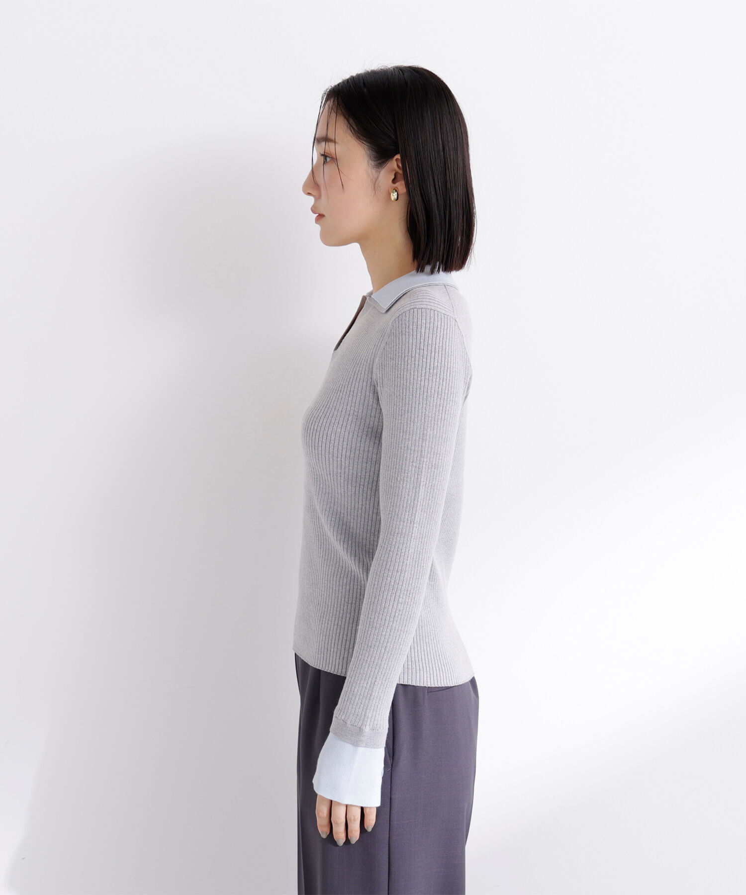  「ダブルカラーVネックリブニット」|ニット・セーター|