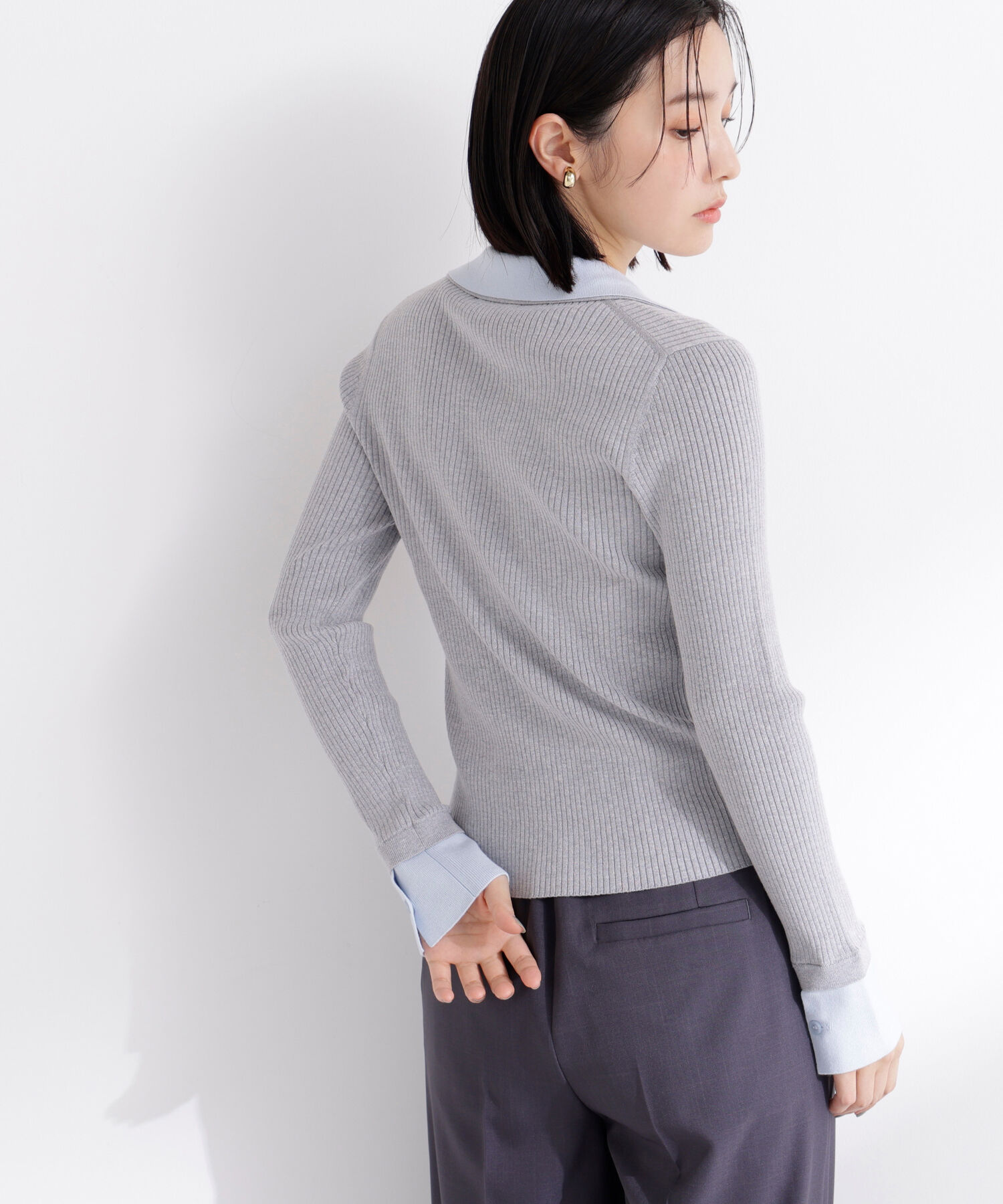  「ダブルカラーVネックリブニット」|ニット・セーター|