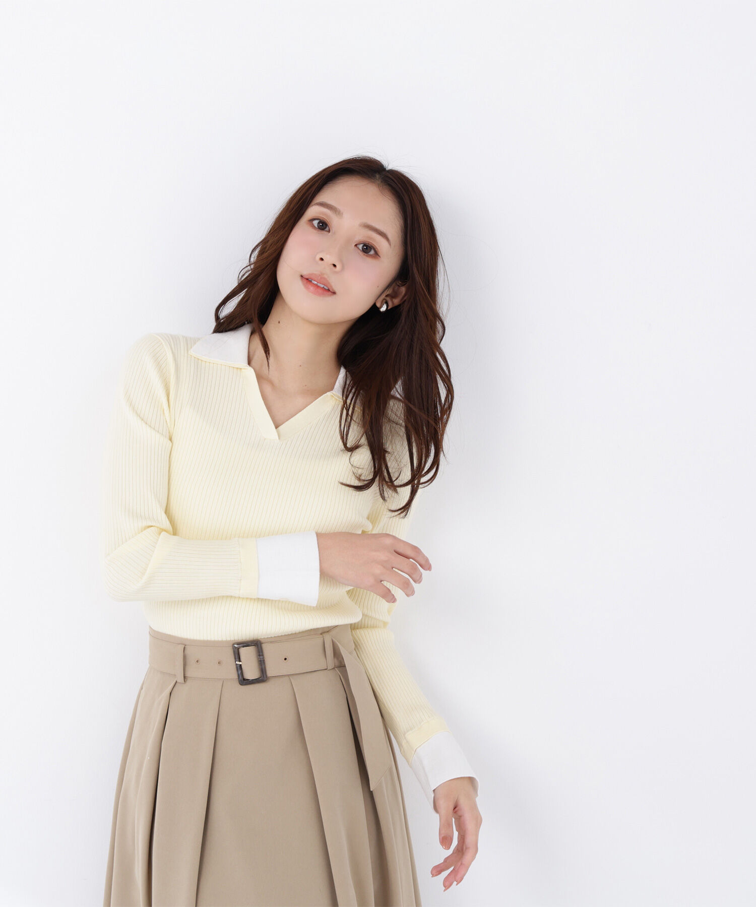  「ダブルカラーVネックリブニット」|ニット・セーター|