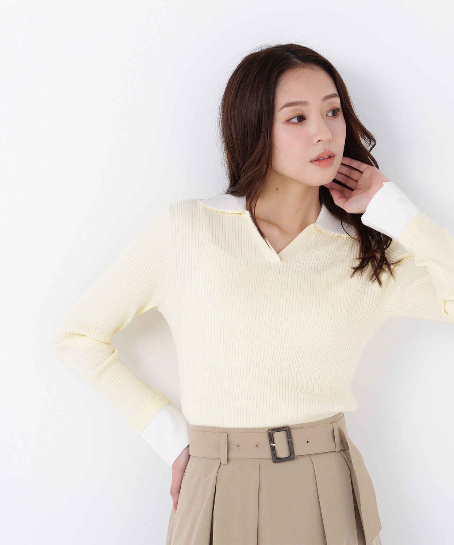  「ダブルカラーVネックリブニット」|ニット・セーター|